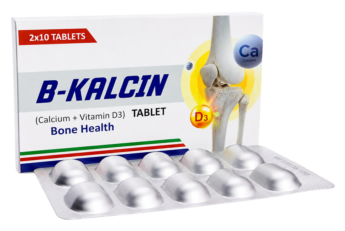B-KALCIN Calcium and Vitamin D3 tablets carton with blister pack
