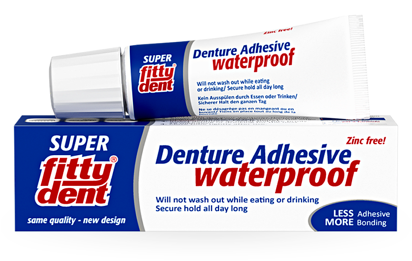 Fittydent Super waterproof denture adhesive carton and tube
