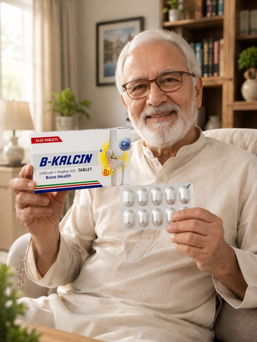 An older man holding the B-KALCIN carton and blister pack at home
