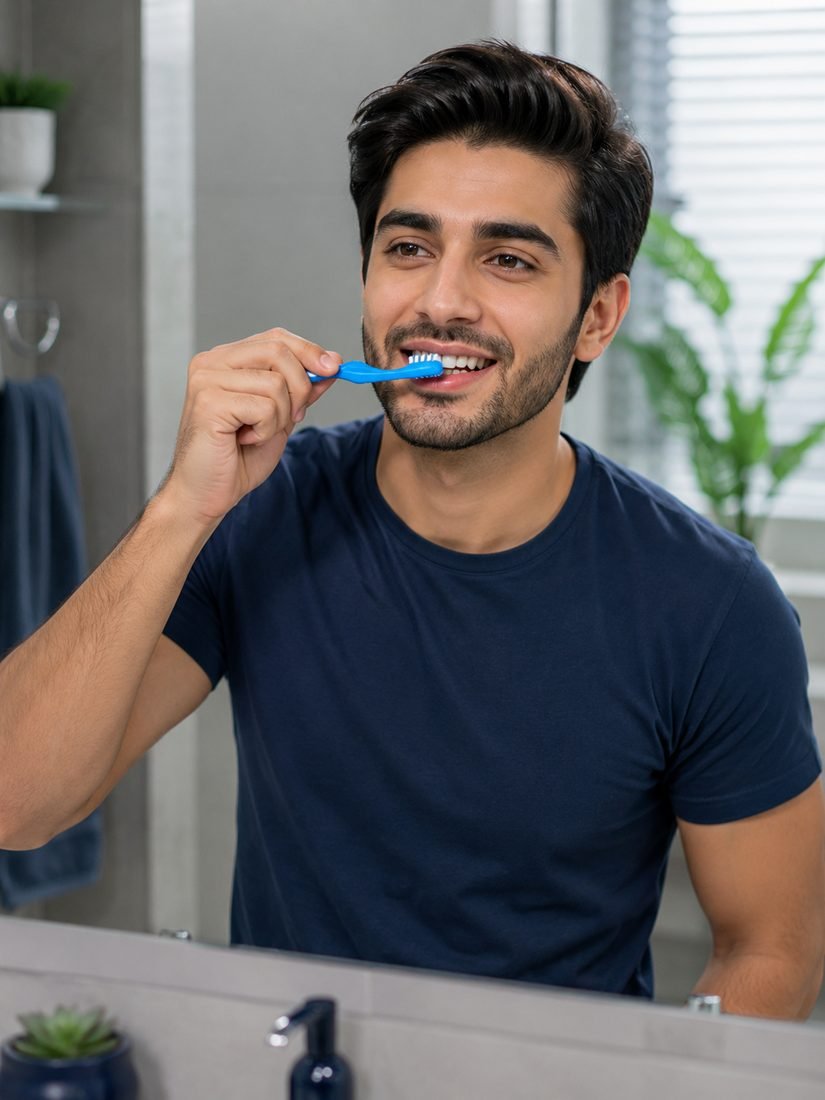 A man brushing at the bathroom mirror as part of a daily oral hygiene routine