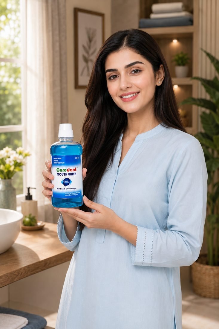 A woman holding a bottle of Curedent Mouthwash in a bathroom