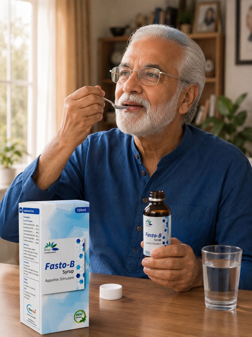 An older man taking a spoonful of Fasto-B Syrup at the table, with the carton and bottle beside him