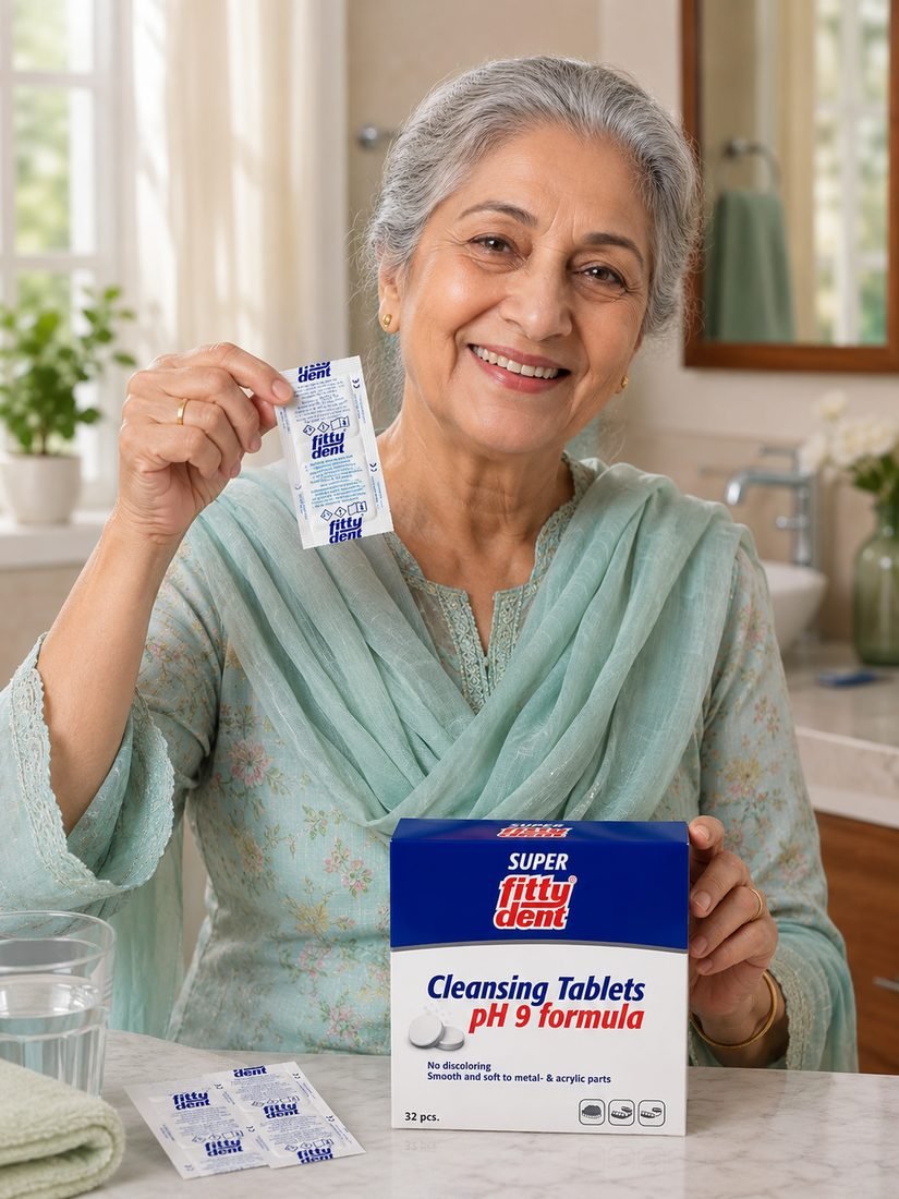 A denture wearer holding a Fittydent cleansing tablet sachet beside the 32-piece carton