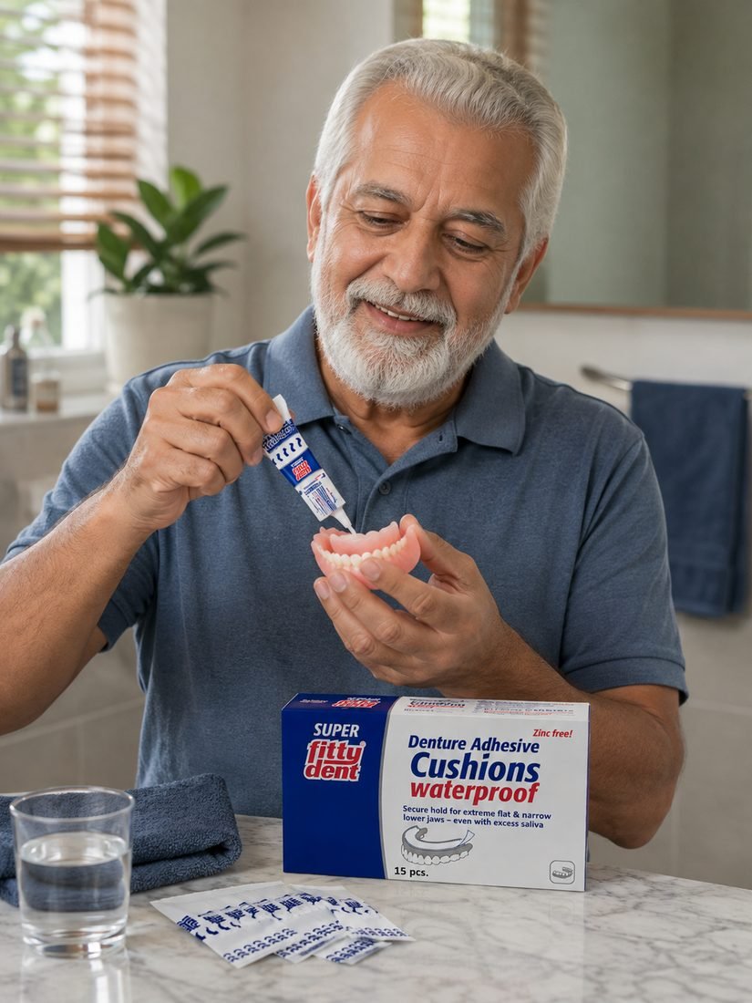 A denture wearer applying Fittydent adhesive to a denture, with the Cushions carton and sachets on the counter