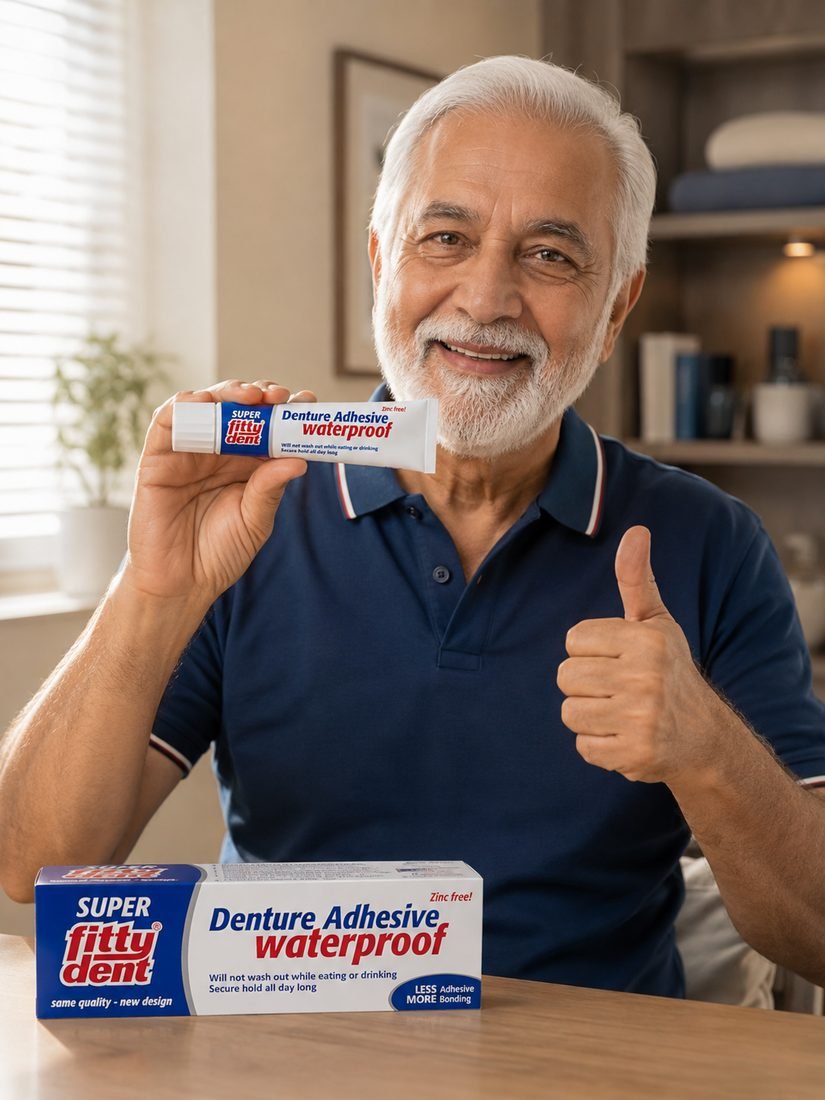 A denture wearer holding the Fittydent Super waterproof denture adhesive tube, with the carton on the table