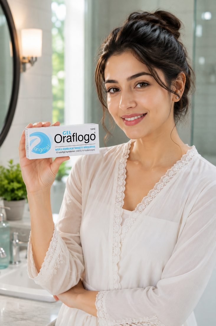 A woman holding a carton of Oraflogo Gel in a bathroom