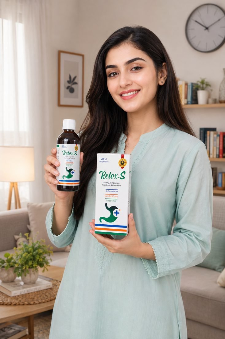 A woman holding the Relox-S Syrup carton and bottle at home