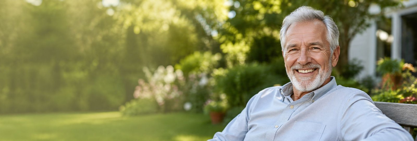 A smiling older man relaxing on a bench in a sunlit garden